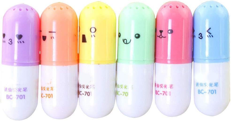6pcs Capsule Shaped Colorful Highlighter Marker Pen Plastic Home School Office Stationery Supplies Useful and Practical