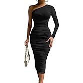 LAGSHIAN Women's Elegant Bodycon One Shoulder Long Sleeve Ruched Midi Cocktail Party Dress
