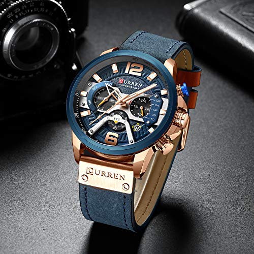 Men’s Sport Chronograph Wristwatch Military Casual Waterproof Blue Leather Watch for Men with Date Display …