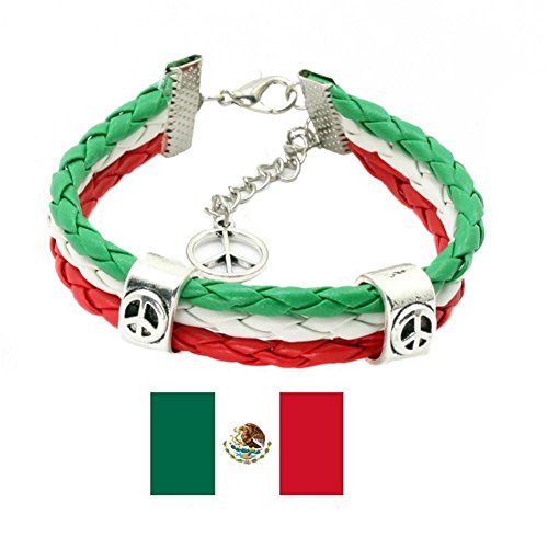 BIBITIME 8 Inches PU Leather Braided Soccer Fans Bracelet Alloy Chain Peace Symbols National Flag Color Wristbands (Adjustable Size, Mexico)