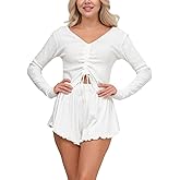 Binsvind Women‘s Soft Cotton Pajamas Sets Long Sleeve V-neck Drawstring Y2K Tops And Loose Fit Cozy Ruffled Hem Shorts