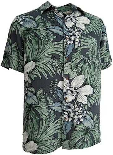 Mens Hawaiian Silk Camp Shirt Casual Floral Grey Short Sleeved Pocket (XL)