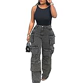 LKOUS Women's Y2K Baggy Straight Wide Leg Cargo Jeans, Streetwear High Waisted Denim Pant