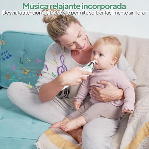 Aspirador Nasal para Bebés, Saca Mocos para bebe con 6 Niveles de Succión Ajustables, 6 Cabezales de Silicona, Extractor de Mocos para Bebe con Música y Carga USB, Incluye Kit de Cortaúñas para Bebé