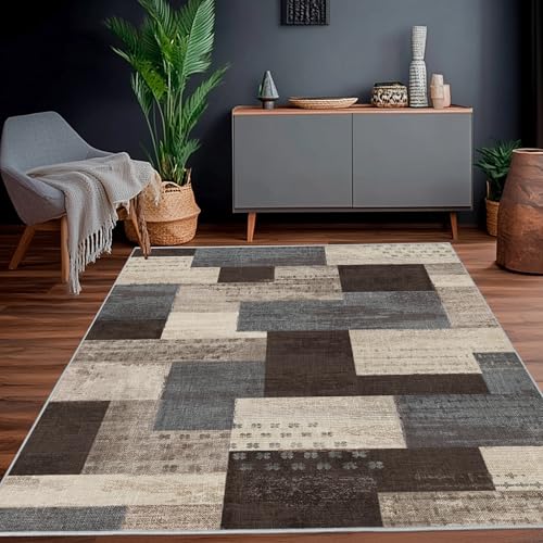 Calinline Moderne Geometrische Patchwork Indoor Wohnzimmer Teppich, Blau 200X230 Cm Große Teppiche Rockwood Sammlung Böden Dekor Für Schlafzimmer, Blau Taupe Weich Kurzflor Waschbar Teppich Gegend