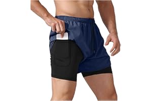 Mens Swim Shorts 2 in 1 Running Shorts Quick Dry Gym Athletic Shorts with Liner Workout Short for Men with Pockets