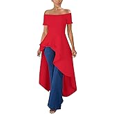 Lrady Womens Off Shoulder Tops High Low Short Sleeve Ruffle Peplum Tunic Party Blouse Casual Shirt Dress