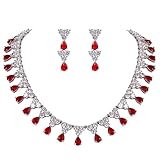 EVER FAITH Women's Cubic Zirconia Elegant Tear Drop Wedding Necklace Earrings Set Red Silver-Tone