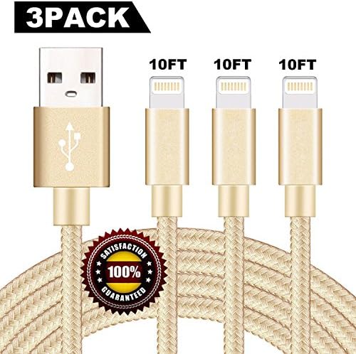 BULESK Lightning Cable 3Pack 10FT Nylon Braided Certified Lightning to USB iPhone Charger Cord for iPhone X 8 7 Plus 6S 6 SE 5S 5C 5, iPad 2 3 4 Mini Air Pro, iPod Nano 7 Gold