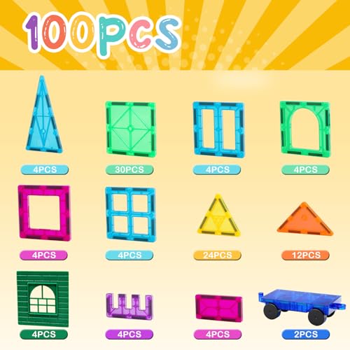 FNJO Magnetic Tiles 100 Pieces - Magnetic Building Blocks, STEM Educational Game for Kids 3+ Years - Boys/Girls Gift (Kindergarten, Nursery)
