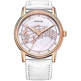 SONGDU Women Mother Pearl Dress Watches Music Note Diamond Rose Gold Bezel White Leather Strap