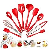 TYMX 10PCS Silicone Kitchen Cooking Utensils Set Premium Heat Resistant Non-Stick Kitchen Utensil Baking Tools And Stainless Steel Kit High Temperature With Hygienic Solid Coating (Red 10PCS)