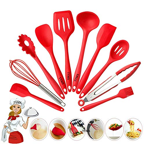 TYMX 10PCS Silicone Kitchen Cooking Utensils Set Premium Heat Resistant Non-Stick Kitchen Utensil Baking Tools And Stainless Steel Kit High Temperature With Hygienic Solid Coating (Red 10PCS)