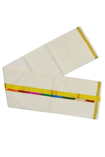 Balaramapuram Handloom Men's Mundu with Kasavu and Coloured Design Kara (Cream, Free Size)