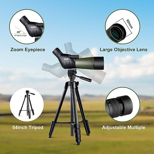 Nexiview 2575x60 Spotting Scope with 64in Tripod, Carry Bag Clear Low Light Vision Spotting