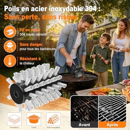 Electric Barbecue Brush, Cordless BBQ Cleaning Brush, 4000 mAh Battery, 304 Stainless Steel Brush Head, BBQ Grill, 2 Speed, Autonomy 90 Min, Waterproof, LED Light, Men's Gift