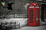 Mural - Banksy Street Art Love is in The Air - Wallpaper Red Telephone Booth Decoration Stencil Mural Modern Graffiti Wallpaper Wall Decor (82.7 x 55 Inch / 210 x 140 cm)