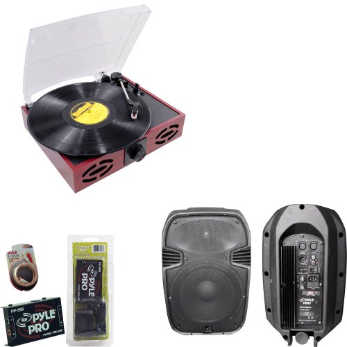 Pyle Turntable Record Player, Pre-Amplifier, RCA Cable and Speaker Package - PVNT7U Retro Style Turntable With USB-to-PC - PP999 Phono Turntable Pre-Amplifier - PPHP885A 400 Watts 8'' Powered 2 Way Plastic Molded Speaker System - PLRC6 6ft Stereo RCA Cable for bands and DJs at Concerts, Clubs, Parties, Bars etc.