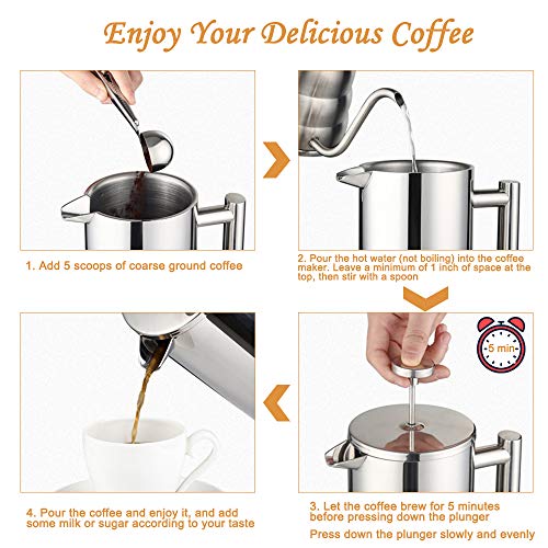 French Press Coffee Maker (34 OZ), French Press Stainless Steel with 2