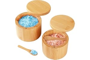 Oillase Bamboo Salt Cellar, 2 PCS Salt Container with Built-in Spoon, Salt Box Bowl with Magnetic Swivel Lid, Elegant Kitchen