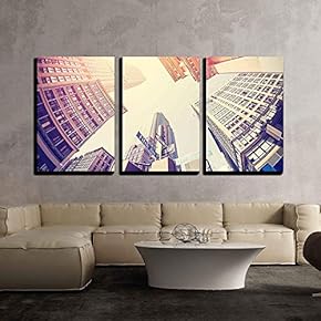 3 Piece Canvas Wall Art - Vintage Filtered Fisheye Picture of Manhattan, Looking Up at Sky, New York City, USA. - Modern Home Art Stretched and Framed Ready to Hang - 16"x24"x3 Panels
