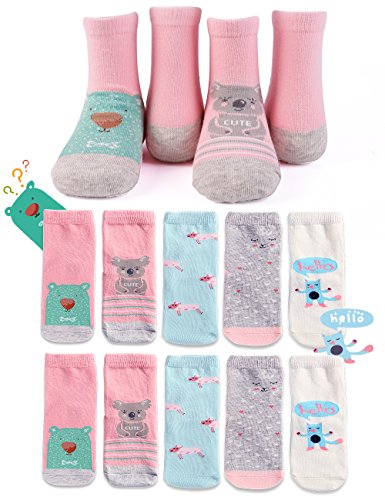 Queen-Ks Kids Toddler Little Girls Cute Cartoon Animals Fashion Novelty Casual Cotton Crew Socks 5 Pairs Pack Colorful Pink White Blue Gray 3-5 Years