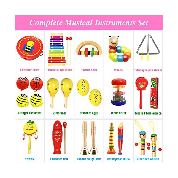 Only Better Toddlers Musical Instruments Wooden Music Toys 24 Pcs Musical Percussion Drum Set for 3 4 5 Years Olds 36…