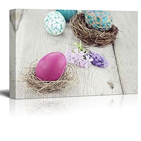 Canvas Prints Wall Art - Beautiful Easter Egg in a Small Nest with Spring Flowers | Modern Wall Decor/Home Art Stretched Gallery Canvas Wraps Giclee Print & Ready to Hang - 12" x 18"