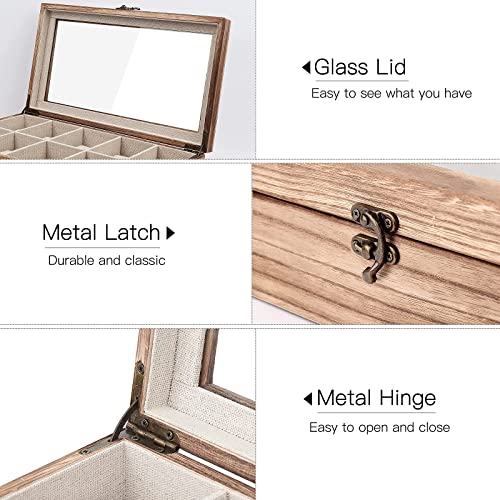 Meangood Watch Box Case, Sunglasses Holder for Men Women, 16 Slot 2 Tier Large Premium Wood Organizer with Glass Top, Rustic Style Torched Wood