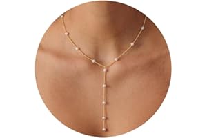GIFTPRAMD Dainty Gold Lariat Pearl Necklaces for Women Pearl Y Necklace Simple Single Pearl Drop Long Gold Necklace Small Tiny Pearl Choker Thin Chain Necklace Freshwater Pearled Pendant Necklace Pearls Jewelry Gift