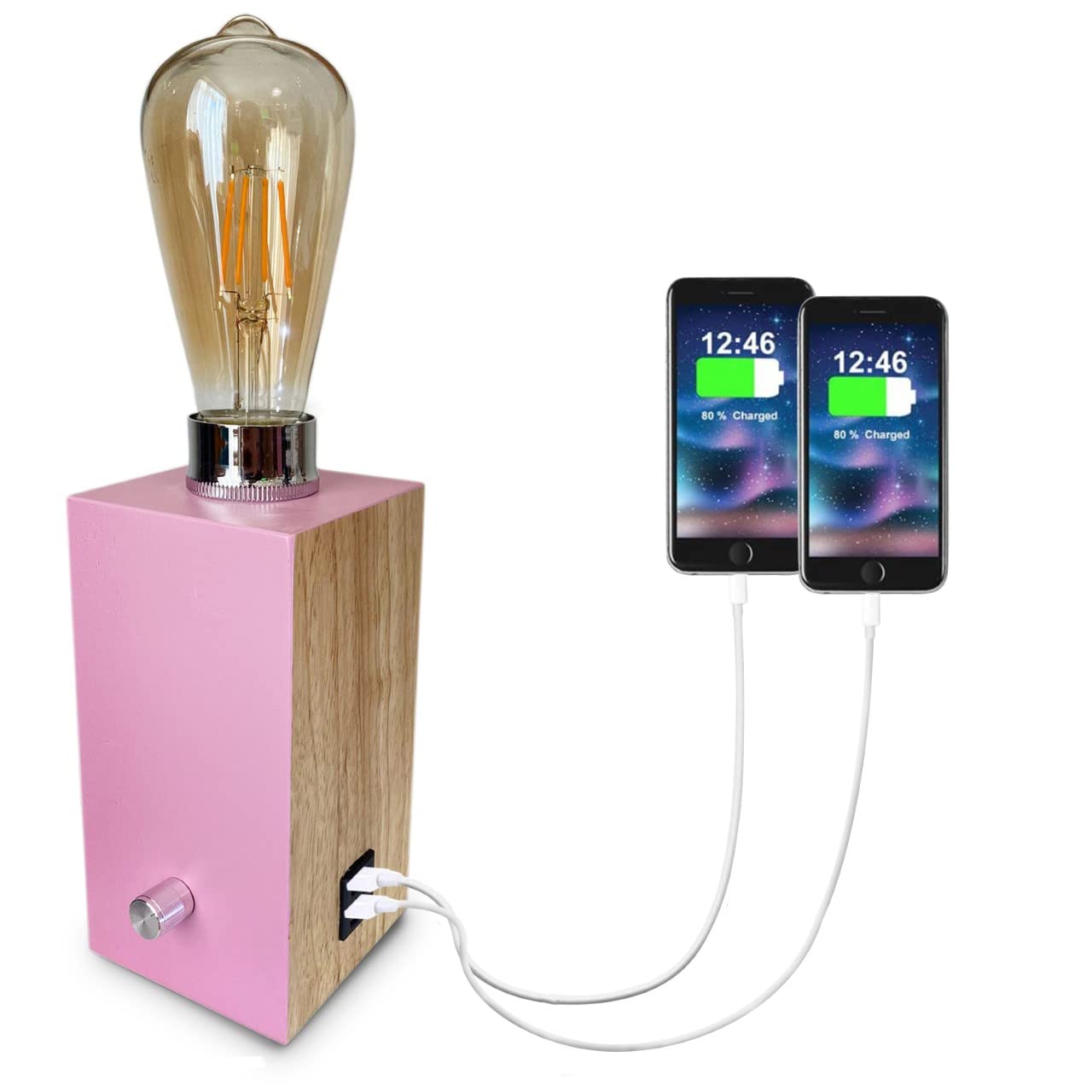 Livuna Vintage Solid Wood Pink table lamp with Dual Port USB and dimmable, Modern and Retro Silver Natural Rustic style for Girls Women bedroom home bedside desk office, (E27 LED Bulb Included) (Pink)