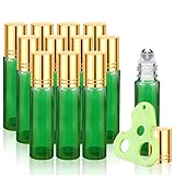 Olilia Glass Roll on Bottles with Metal Roller Balls, Essential Oils Key included 12 Pack of 10ml(1/3oz) (Green - Gold Lids)