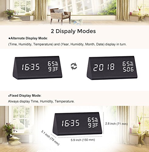 image for Raercodia Night Clock Wood Desk Clock LED Wooden Alarm Clock Night Lig