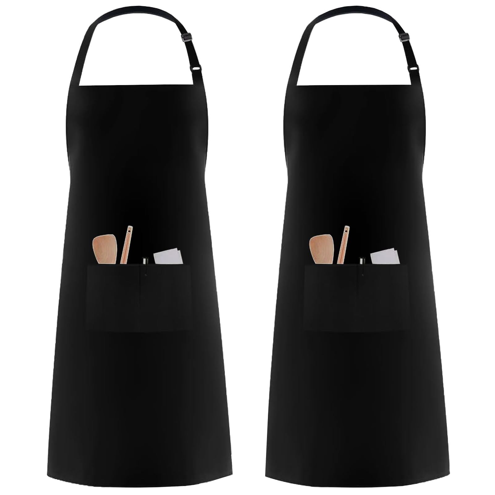 MH Home 2 Pack Unisex Adjustable Bib Apron With 2 Pockets Cooking Kitchen Chef Women Men Aprons For Home Kitchen, Restaurant & Coffee House (Black, 2 Pack)
