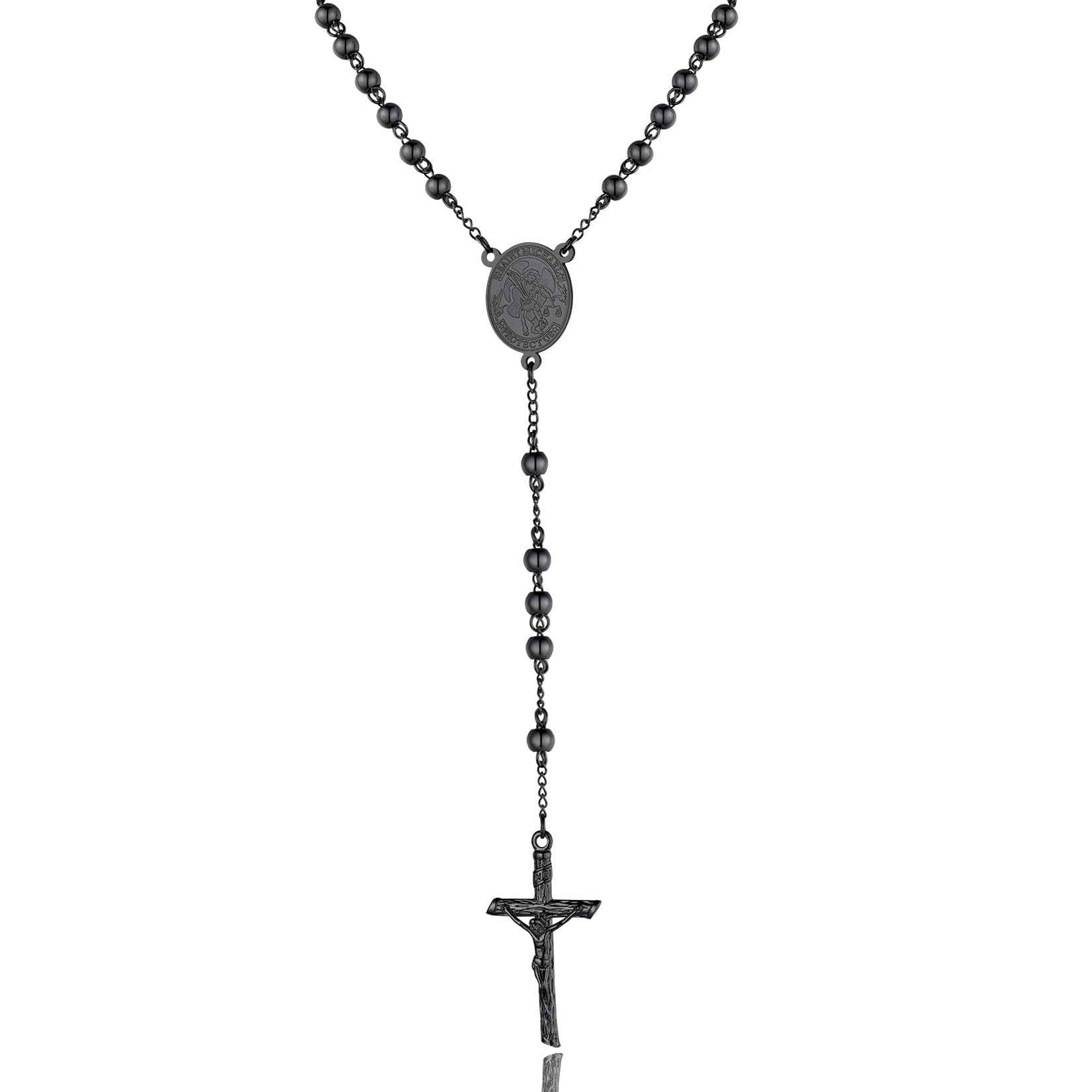 ChainsPro Cross Necklace Rosary Beads Catholic Men Women Saint Michael Medal Black Chain Stainless Steel Crucifix Prayer Jesus Gift Mens Christian Jewellery