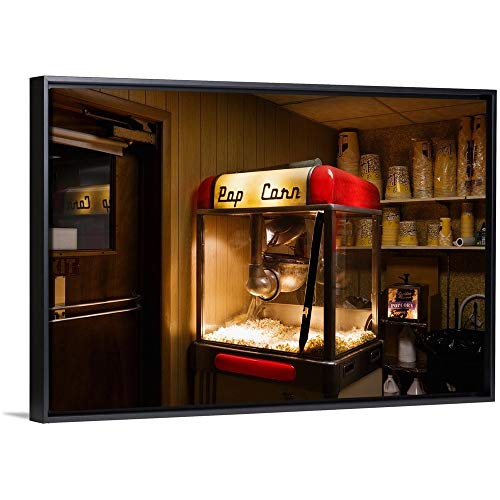 Floating Frame Premium Canvas with Black Frame Wall Art Print Entitled Popcorn Maker at Drive-in Theatre 48"x32"