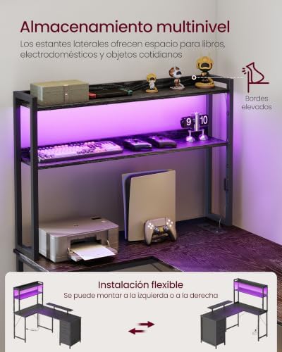 Escritorio en Forma de L, con Enchufes, Luces LED, Cajones y Soporte para Monitor, 140 x 100 x 150 cm, Negro, para Oficina en Casa y Gaming, Colección Barnet LWD162B101