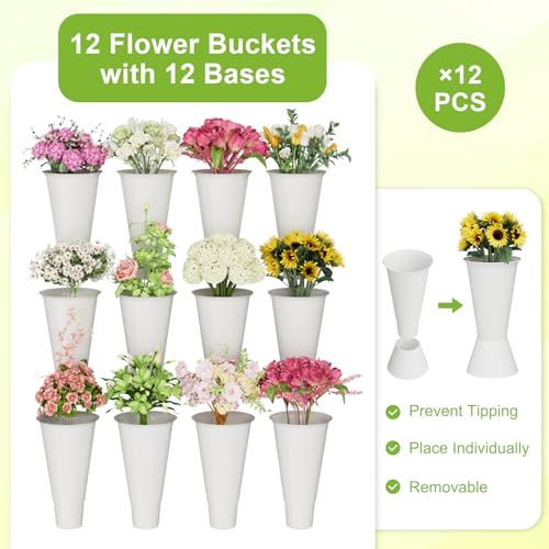 Flower Stand, 3 Tier Flower Display Stand with 12 Buckets, Upgrade Double Circle No Shaking, Outdoor Flower Cart with Wheels for Home, Patio, Garden, Shop, Wedding, Party, Exhibition, Indoor, White (White)