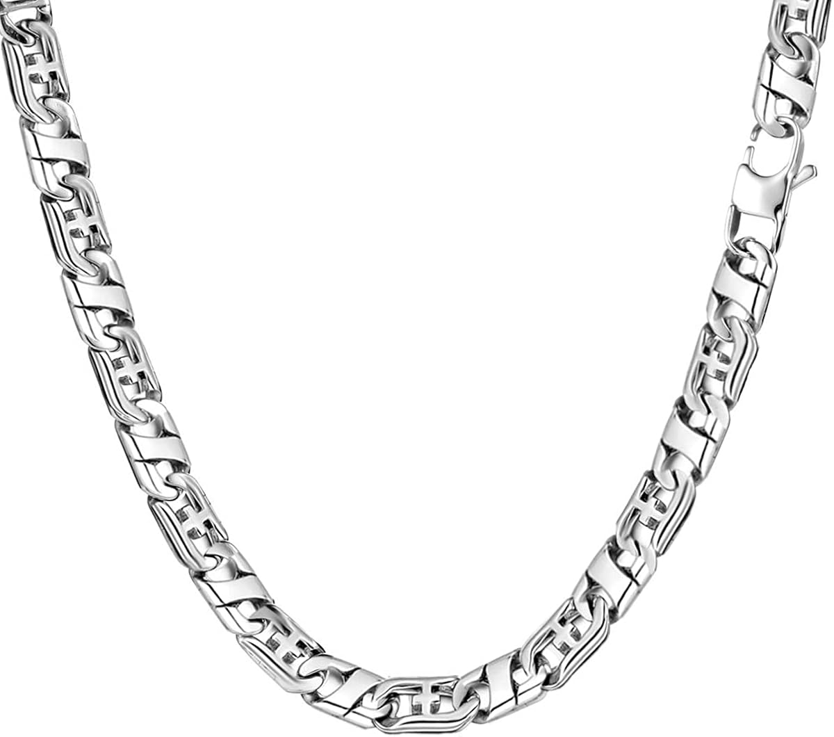 Flat Curb Mens Necklace, Figaro Chain for Men Boys, Highly Polished Stainless Steel Flat Cuban Link Necklace, Solid Flat Mariner Link Chain Necklace for Men | 