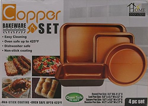 Home Innovations 4 pc Copper Bakeware Set Round, Loaf, Square, Roaster Pan