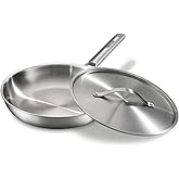 VEDNHOL Stainless Steel Frying Pan 12 Inch with Lid, Fully Clad Tri-Ply Stainless Steel Skillet for Even Heating, Brushed Finish, Dishwasher & Oven Safe, Induction & All Stovetops Compatible