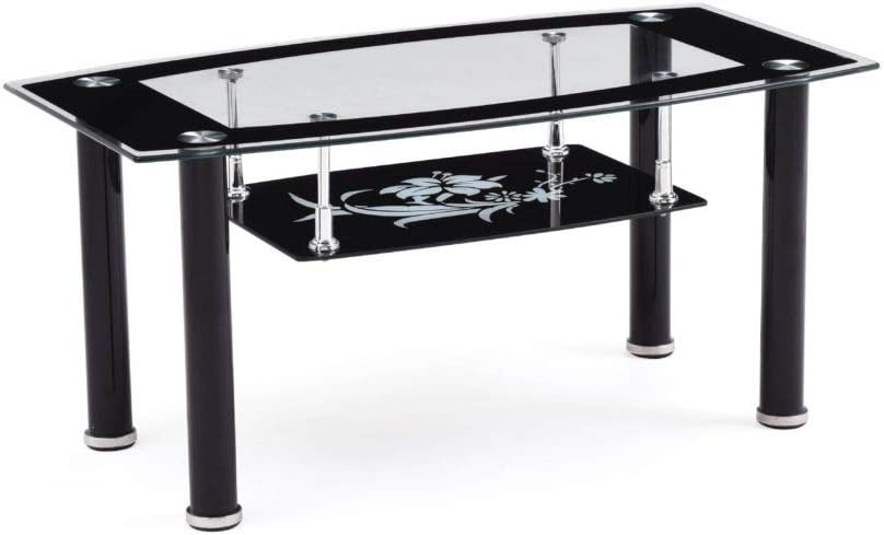 Hodedah Two Tier Rectangle Tempered Glass Coffee Table, Black: Kitchen & Dining