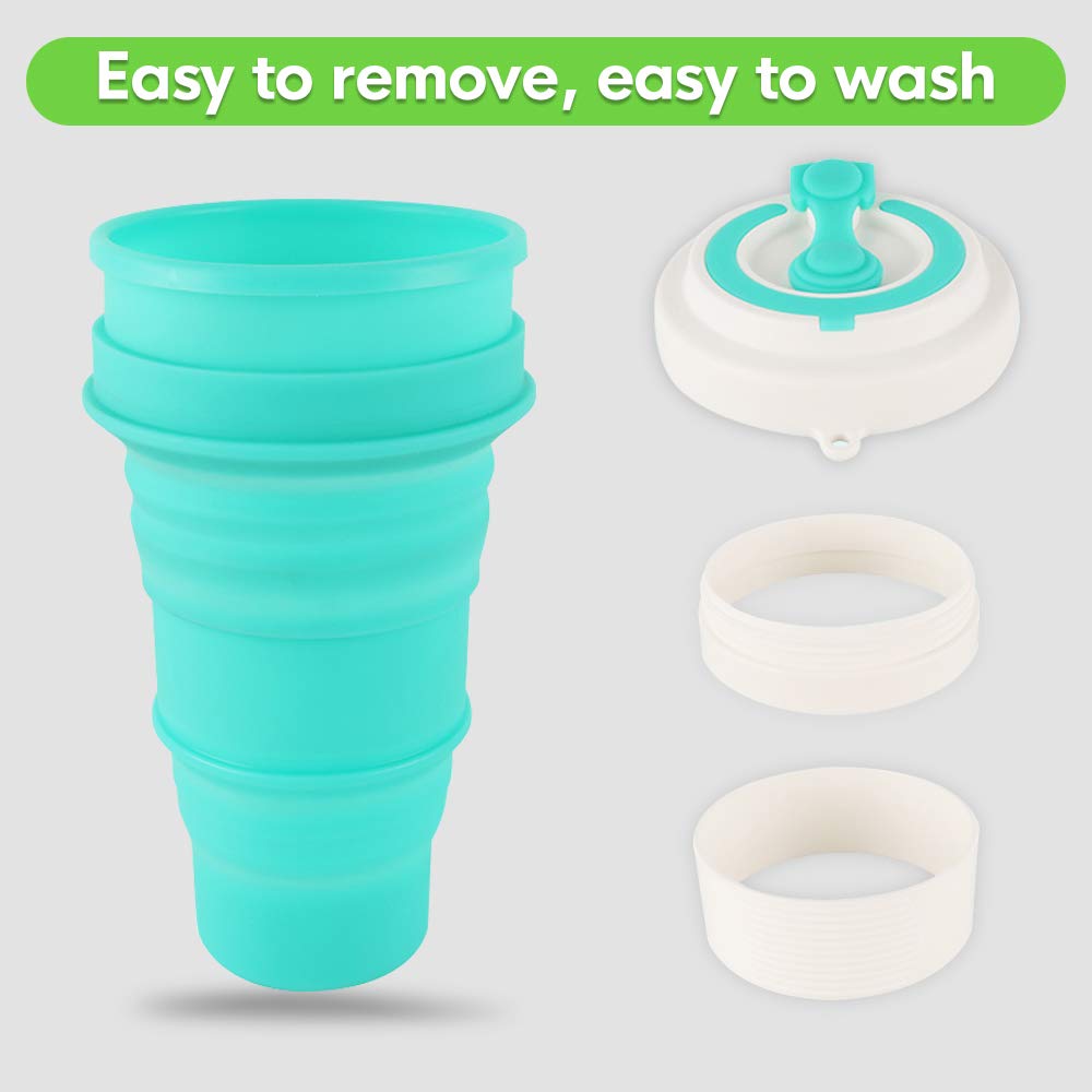 Reusable Collapsible Silicone Cup - Idealife Folding Cup Max Up to 18 Oz/550ml Camping Mug 3 Capacities, BPA free Pocket Mini Size Travel Drinking Cup with Hook for Outdoor Sports, Home (Green)