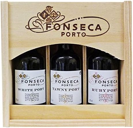 Fonseca Port Wooden Set | 3 x 5cl Port Miniatures | 1 x 5cl bottle of Fonsecca Tawny Port, 1 x 5cl bottle of Fonsecca Ruby Port, 1 x 5cl bottle of Fonsecca White Port