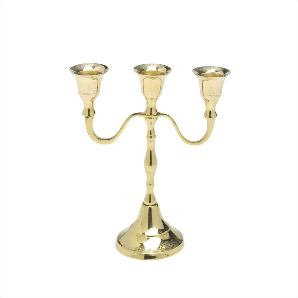 NKlaus Candlestick 3-arm 18cm High Brass Gold Shiny Candle Holder for Candles Up to 2cm Diameter, Modern Classic Look, Wedding Decoration