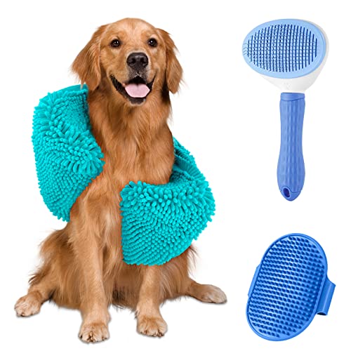 Odoland Quick Dry Towel for Dogs 3 in 1, Included Pet Grooming Brush, Dog Slicker Brush, Ultra Absorbent Microfiber Dog Towel, Pet Towel for Cat Dogs, Size for All Breeds Blue