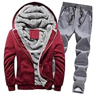 Smallwin Men Workout 2 Pieces Coat Fleece Lined Hoodie Pants Tracksuit Set Red3 2XL