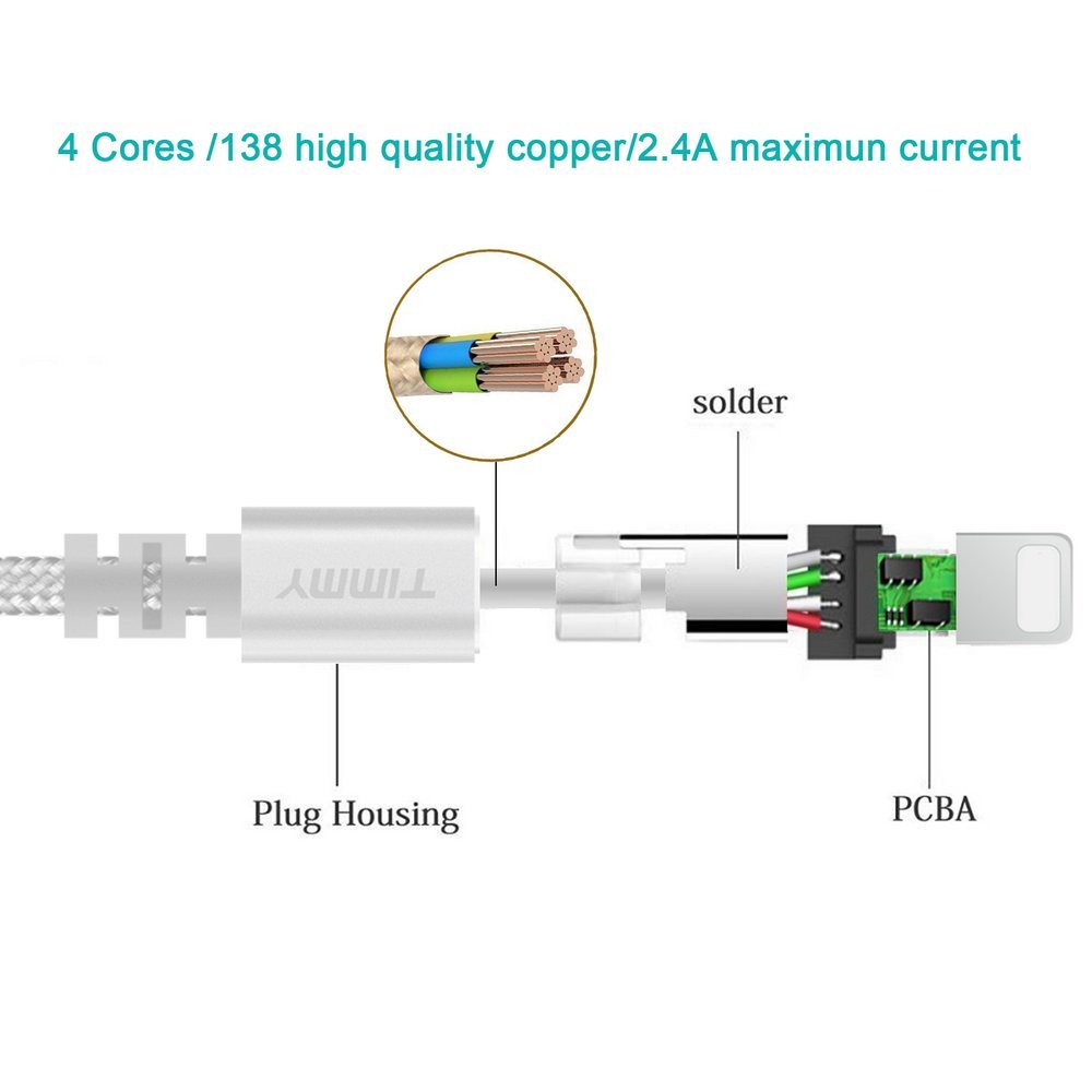 IPhone Charger TIMMY 3Pack 6FT Nylon Braided  Lightning cable certified to charging Cable with charging indictor powerline for iPhone 5/5C/5S/6S/6S PLUS/7/7 plus, iPad Air, and more (silver)