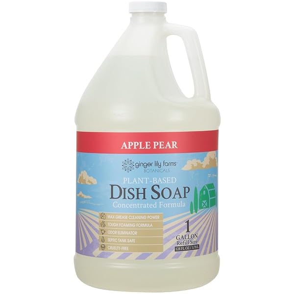 GINGER LILY FARMS BOTANICALS PLANT-BASED LIQUID DISH SOAP, CONCENTRATED FORMULA WITH MAX GREASE CLEANING POWER, CRUELTY-FREE, APPLE PEAR SCENT, 1 GALLON REFILL (128 FL. OZ.)