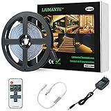 Laimante 5m/16.4ft 12V Led Strip Lights Kit, 3000K Warm White, SMD 2835 300LEDs Dimmable Led Tape with RF Remote Dimmer and UL Listed Power Supply, Under Cabinet Kitchen Bedroom Strip Lighting